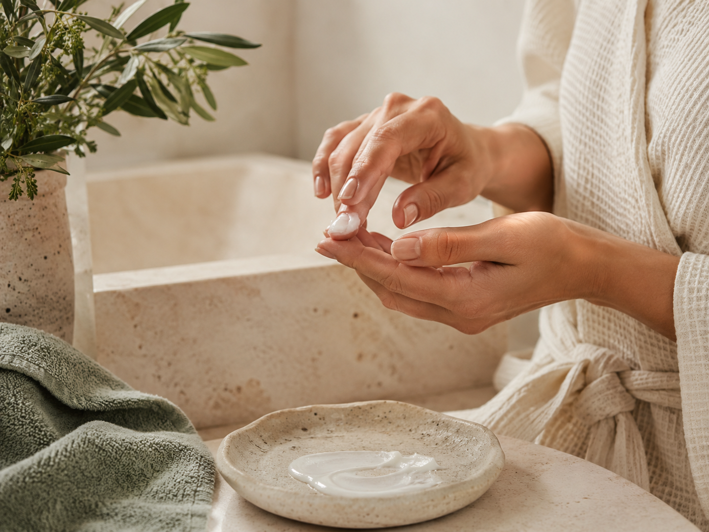 Hands applying a cream in a calm bathroom setting