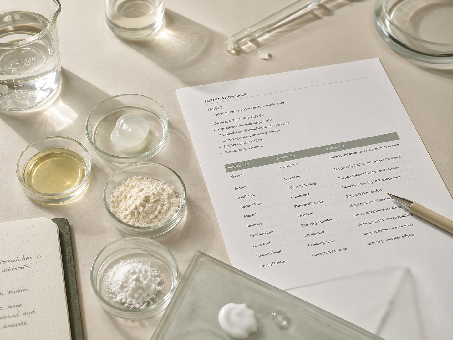 Formulation brief, laboratory glassware and cosmetic texture samples