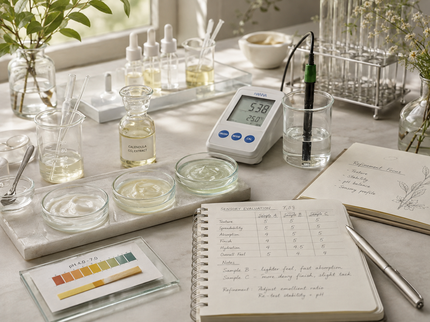 Cosmetic formulation testing with pH measurement, sample comparisons and refinement notes